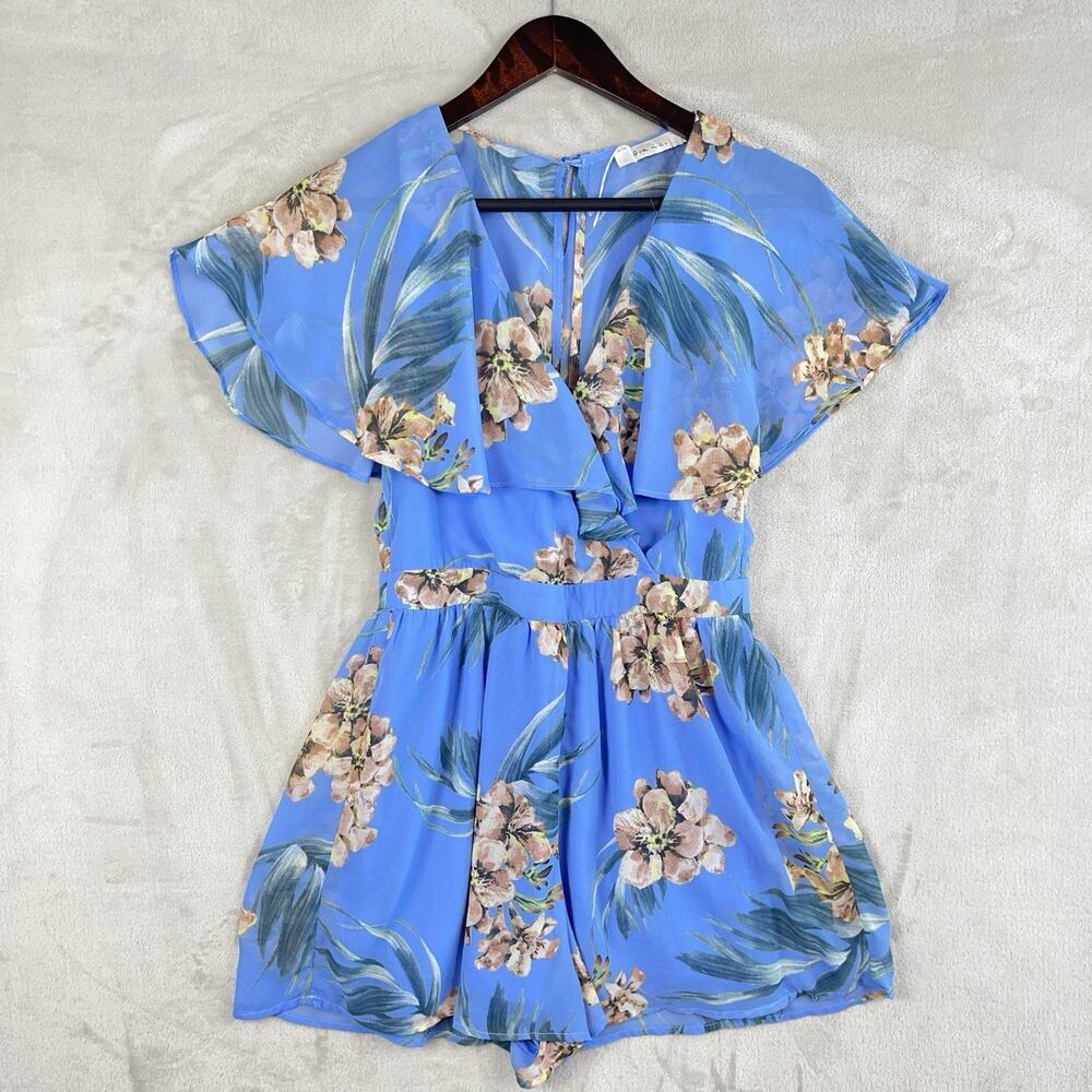 Ark & Co. Floral Romper Blue Bohemian Ruffle Small Ruffle Sleeve Cottagecore